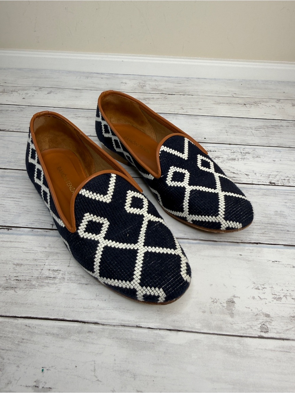 Ramon Tenza Navy & White Geometric Woven Slip-On Loafers with Brown Trim